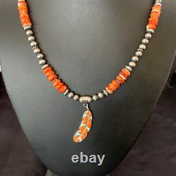 Spiny Oyster & Opal Leaf Pendant Navajo Pearls Sterling Silver Necklace 11380