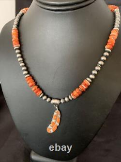 Spiny Oyster & Opal Leaf Pendant Navajo Pearls Sterling Silver Necklace 11380