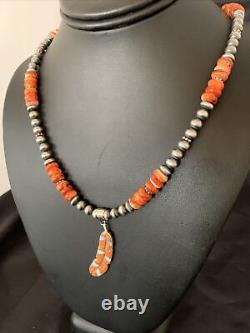 Spiny Oyster & Opal Leaf Pendant Navajo Pearls Sterling Silver Necklace 11380