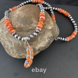 Spiny Oyster & Opal Leaf Pendant Navajo Pearls Sterling Silver Necklace 11380
