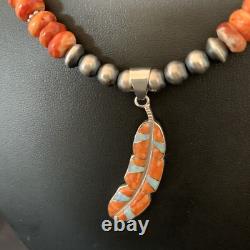 Spiny Oyster & Opal Leaf Pendant Navajo Pearls Sterling Silver Necklace 11380