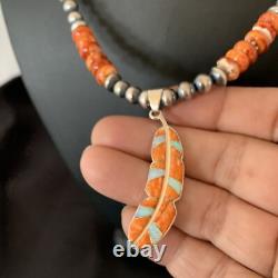 Spiny Oyster & Opal Leaf Pendant Navajo Pearls Sterling Silver Necklace 11380