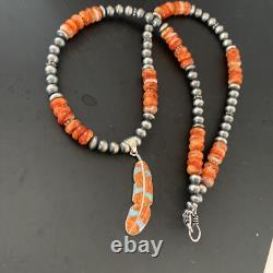Spiny Oyster & Opal Leaf Pendant Navajo Pearls Sterling Silver Necklace 11380