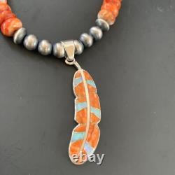 Spiny Oyster & Opal Leaf Pendant Navajo Pearls Sterling Silver Necklace 11380