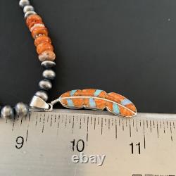 Spiny Oyster & Opal Leaf Pendant Navajo Pearls Sterling Silver Necklace 11380