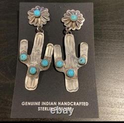 Sterling Post Back Dangle Earrings with Turquoise Navajo Handmade Cactus