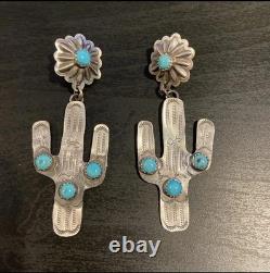 Sterling Post Back Dangle Earrings with Turquoise Navajo Handmade Cactus