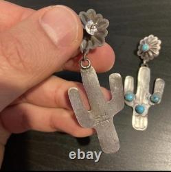 Sterling Post Back Dangle Earrings with Turquoise Navajo Handmade Cactus