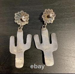 Sterling Post Back Dangle Earrings with Turquoise Navajo Handmade Cactus