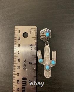 Sterling Post Back Dangle Earrings with Turquoise Navajo Handmade Cactus