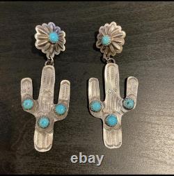 Sterling Post Back Dangle Earrings with Turquoise Navajo Handmade Cactus