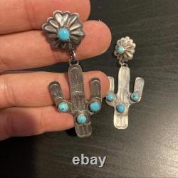 Sterling Post Back Dangle Earrings with Turquoise Navajo Handmade Cactus