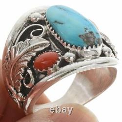 Sterling Silver AZSleeping Beauty Turquoise Coral Men's Ring Navajo Large Size
