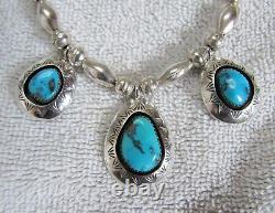 Sterling Silver & Kingman Turquoise Pendant Necklace Navajo Indian Bench Beads