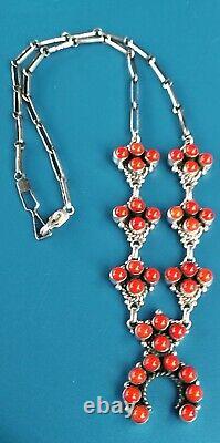 Sterling Silver Native American Red Coral PetitePt SQUASH BLOSSOM Necklace 45G T