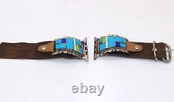 Sterling Silver Native American Turquoise Revival Inlay Leather Apple Watch Band