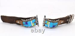 Sterling Silver Native American Turquoise Revival Inlay Leather Apple Watch Band