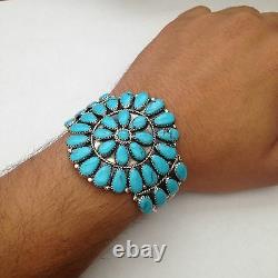 Sterling Silver Navajo Handmade Large Cluster Turquoise & Coral Cuff Bracelet