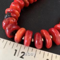 Stunning Native American Navajo Red CORAL Sterling Silver Bead Necklace 13815