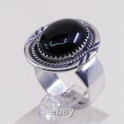 Sz 8, Native American Navajo Sterling 925 Silver Handmade Ring With Obsidian