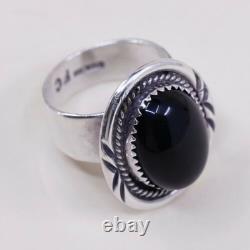 Sz 8, Native American Navajo Sterling 925 Silver Handmade Ring With Obsidian