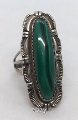 Tom Lewis Navajo Sterling Elongated Ring Native American Malachite Stone