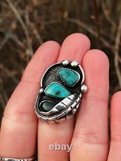 VINTAGE 1960s Chunky NAVAJO Sterling Silver TURQUOISE Ring Sz 5.25 3 Stones