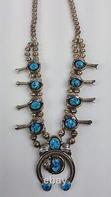 VINTAGE NATIVE AMERICAN NAVAJO SQUASH BLOSSOM TURQUOISE STERLING SILVER Necklace