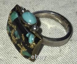 VINTAGE NAVAJO MODERNIST GOLDLEAF & TURQUOISE STERLING SILVER RING SIZE 9.5 vafo