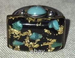 VINTAGE NAVAJO MODERNIST GOLDLEAF & TURQUOISE STERLING SILVER RING SIZE 9.5 vafo