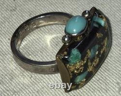 VINTAGE NAVAJO MODERNIST GOLDLEAF & TURQUOISE STERLING SILVER RING SIZE 9.5 vafo
