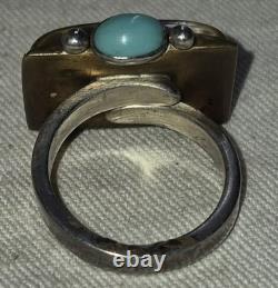VINTAGE NAVAJO MODERNIST GOLDLEAF & TURQUOISE STERLING SILVER RING SIZE 9.5 vafo