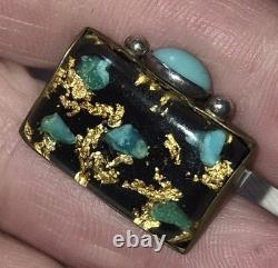 VINTAGE NAVAJO MODERNIST GOLDLEAF & TURQUOISE STERLING SILVER RING SIZE 9.5 vafo