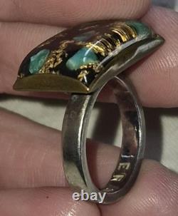VINTAGE NAVAJO MODERNIST GOLDLEAF & TURQUOISE STERLING SILVER RING SIZE 9.5 vafo