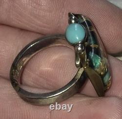 VINTAGE NAVAJO MODERNIST GOLDLEAF & TURQUOISE STERLING SILVER RING SIZE 9.5 vafo