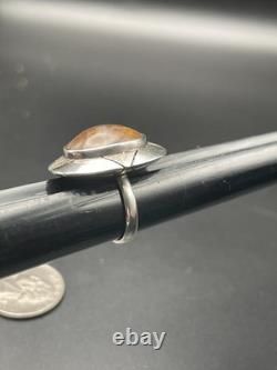 VTG Native American Navajo Sterling Silver Brown Agate Large Oval Ring 5 3/4