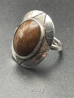 VTG Native American Navajo Sterling Silver Brown Agate Large Oval Ring 5 3/4