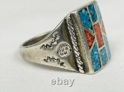 VTG Native American Navajo Turquoise Coral Inlay Sterling Silver 20g Ring Sz 12