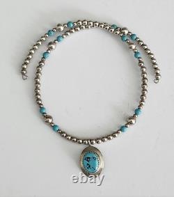 VTG Navajo Sterling Bead Pendant Turquoise Choker Necklace Native Signed GT