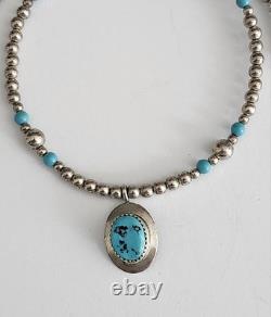 VTG Navajo Sterling Bead Pendant Turquoise Choker Necklace Native Signed GT