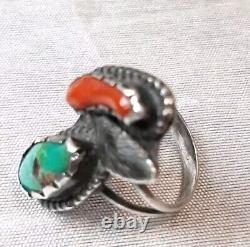 VTG Navajo Sterling Silver Turquoise Red Coral Leaf Ring Sz 5.25 Native American