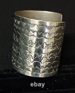 Very Wide Signed Hand Stamped German Silver Native American Indian Bracelet Cuff