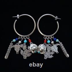 Vint Native American Navajo Hoop Earrings with Charm Dangles Signed SB Sterling