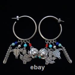 Vint Native American Navajo Hoop Earrings with Charm Dangles Signed SB Sterling
