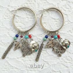 Vint Native American Navajo Hoop Earrings with Charm Dangles Signed SB Sterling