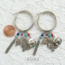 Vint Native American Navajo Hoop Earrings with Charm Dangles Signed SB Sterling