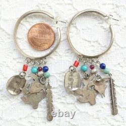 Vint Native American Navajo Hoop Earrings with Charm Dangles Signed SB Sterling