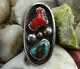 Vint Signed Ann Native American Navajo Shadowbox Ring Size 7 1/2 Turquoise Coral