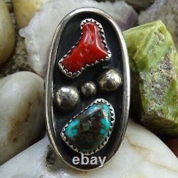 Vint Signed ANN Native American Navajo Shadowbox Ring Size 7 1/2 Turquoise Coral