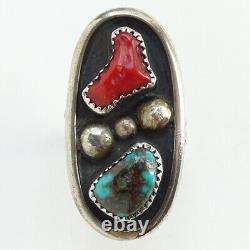 Vint Signed ANN Native American Navajo Shadowbox Ring Size 7 1/2 Turquoise Coral